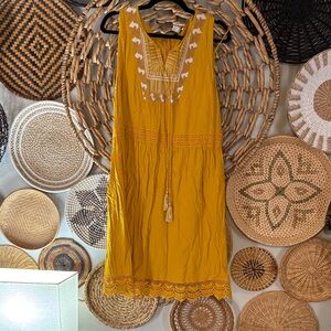 Elegant Mustard Midi Dress with Embroidery